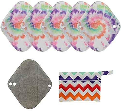 6er Pack wiederverwendbare Damenbinden mit Bambuskohle | Waschbare, wasserdichte, saugfähige Menstruationspads für starke Perioden | Bonus Aufbewahrungstasche (WSD107, Klein (Packung mit 6))
