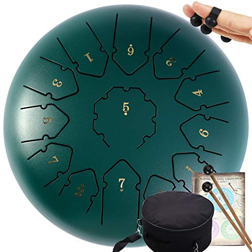 Steel Tongue Drums Instrumente für, Steel Drum für Kinder Erwachsene, 13 Noten 12 Zoll Dia Percussion Instrument Handpan Drum mit Tasche, Musikbuch, Mallets, Mallet Bracket