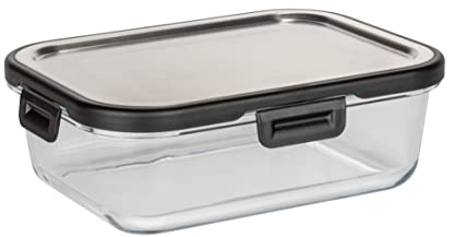 Wenko Barattolo salvafreschezza di vetro Steel 1 l, barattolo ermetico di vetro con coperchio in acciaio inox, lavabile in lavastoviglie, impilabile, salvaspazio e antifuoriuscita, 20 x 7 x 15 cm