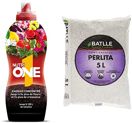 Abono líquido concentrado para todo tipo de Plantas y Flores + Semillas Batlle - Sustrato Perlita 5 L, Color Blanco y turquesa