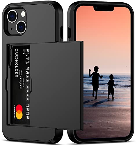 Nvollnoe för iPhone 14-fodral med korthållare, kraftigt, skyddande, dubbla lager, stötsäkert, dold kortplats, smal, plånboksfodral för kvinnor och män (svart)