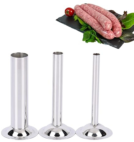 SANON Rellenadora de Salchichas, 3 Tubos de Relleno de Salchichas, Tubo de Llenado de Salchichas de Acero Inoxidable para Picadoras de Carne Manuales o Eléctricas, Tamaño 8