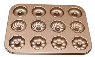 Gurlideo Stampo per ciambelle, 12 cavità, 3 forme, antiaderente, in acciaio al carbonio, per ciambelle, muffin, cupcake, oro