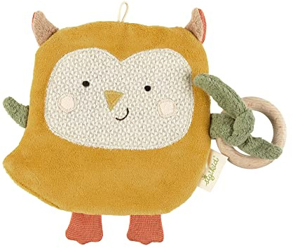 SIGIKID 39727 Knistergreifling Eule Green, Babyspielzeug aus Bio-Baumwolle mit Knistereffekt und Buchenholzring zum Greifen und Spielen für Babys & Kinder von 0-36 Monaten, Gelb/Braun, 19x23x4 cm
