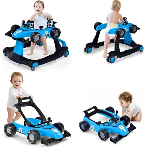 RELAX4LIFE Girello per Bambini 6-18 Mesi, Baby Walker 4 in 1 Trasformabile, Carrello Primi Passi e Macchinina a Spinta con Luci e Suoni, Altezza Regolabile, Pieghevole (BLU)