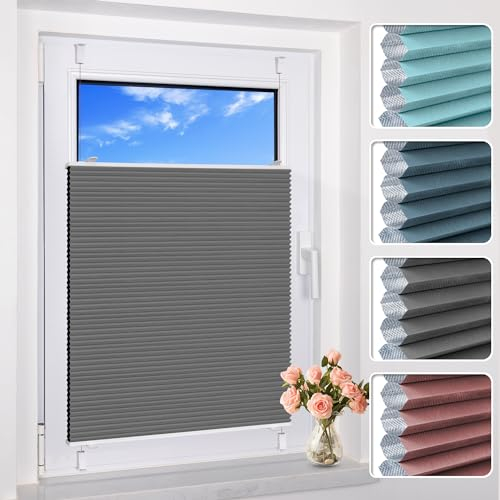 BelleMax Wabenplissee ohne Bohren Verdunkelung Thermo Plissee Klemmfix, Grau-weiß 60x120 cm (BxH), 100% Blickdicht Verdunklungsplissee, Schallschutz Sonnenschutz Doppelplissee für Fenster