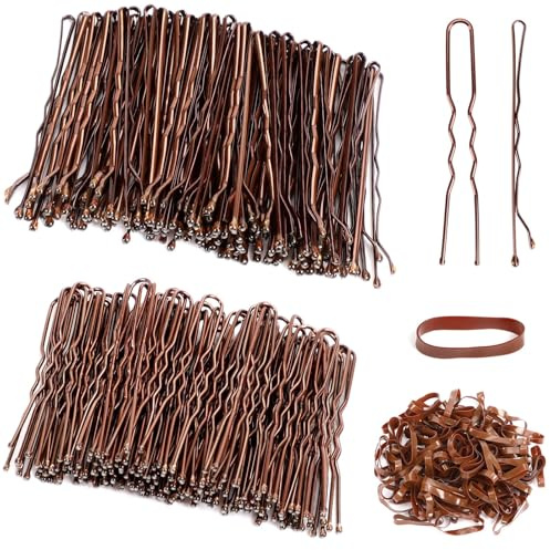 SANNIX Épingles à Cheveux, 200 Pièces Bobby Pins et Epingle Cheveux Femme en Forme de U 5 cm et 100 Pièces Bandes de Cheveux avec Boîte(Brun)