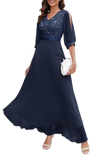 Wedtrend Cocktailkleid Festliche Kleider für Hochzeit Damen Abendkleid Damen Lang mit Pailletten Abendkleider Damen Elegant für Hochzeit WT0317 Navy S