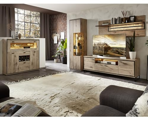 Lomadox Wohnmöbel Set Wohnwand inkl. Beleuchtung braun 4-teilig Modern, 1 Vitrine, 1 Highboard, 1 Lowboard, 1 Wandboard