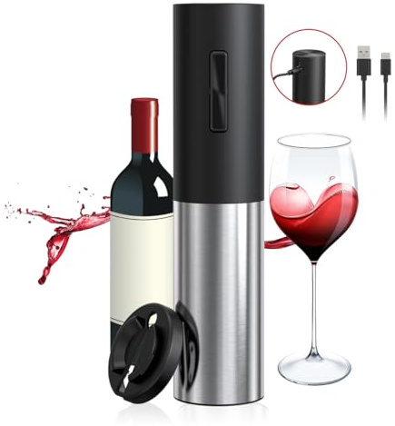 Electric Wine Opener Rechargeable, Automatic Wine Bottle Openers with Foil Cutter and USB Cable, Gift Wine Corkscrew for Home Kitchen Party Bar - Stainless Steel, One-click Button