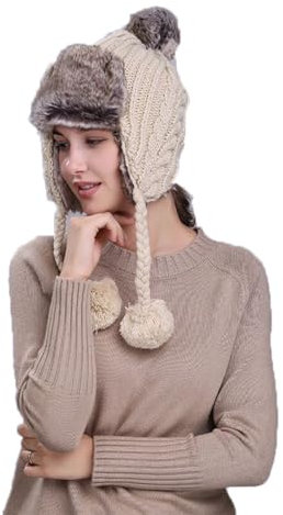 QICHEN Damen Winter Hut Fliegermütze Ohrenschützer Trapper Mütze mit Bommel Warm Fellmütze (DE/NL/SE/PL, Numerisch, 56, 59, Beige)