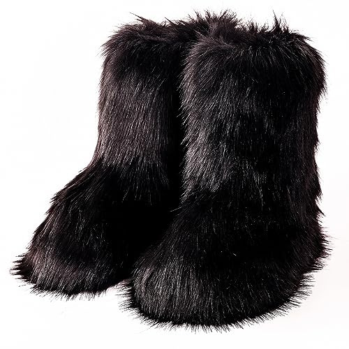 VALPEAKER Fluffy Faux Fur Snow Boots for Women,Furry Warm Winter Boots,Mid-Calf Flat(black8)