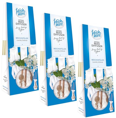 Fresh & More Raumduft Duftvase 3er Pack je 35ml Weichspüler | Reed Diffuser mit Rattanstäbchen in Glasvase, sauber-frischer Wäscheduft
