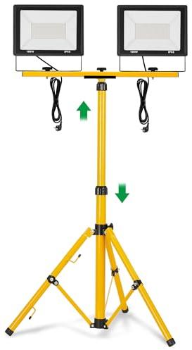 SUBTLETY 2x100W Baustrahler LED Arbeitsstrahler mit 3m Netzkabel & Höhenverstellbar Stativ, Strahler für Arbeitsbeleuchtung IP66 Wasserdicht Flutlicht für Außen Garage Baustellen Werkstatt (Kaltweiß)