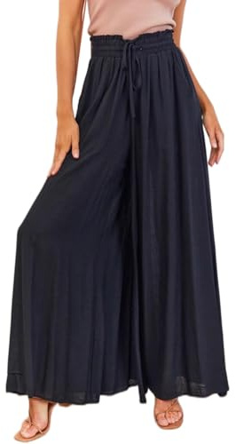 TOPLAZA Pantaloni a Zampa Palazzo Estivi Donna Larghi Leggeri Comodi Casual Vita Alta, Nero, L