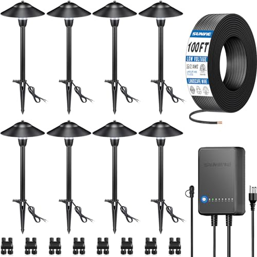 SUNVIE All-in-One LED Pathway Lighting Kit, 8-Pack Low Voltage Landscape Lights with Transformer and 100FT 16/2 AWG Wire, 3000K Waterproof Landscape Lighting with Connectors for Walkway Garden Yard