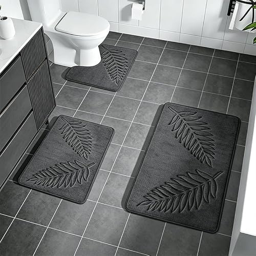 Xafrstyu Badezimmerteppich Set 3 Teilig, Duschmatte Badematte rutschfest, Weiche Badvorleger Saugfähige Duschvorleger, 40×60cm Badvorleger, 40×50cm WC Vorleger, 50×80cm Kleiner Badematten (Grau-b)
