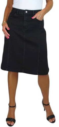 Paulo Due Women's A Line Denim Skirt Ladies Knee Length Flared Jeans Skirt Panelled Black Soft Wash 10-22 (18)