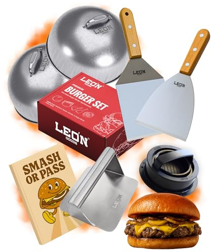 LEÓN Goods® : Smash Burger Set [ Edelstahl ] Das Beste Burger Set - Buchenholzgriff und Edelstahl. Hochwertiges Burger zubehör in der Geschenkbox. Burger Smasher Set + Rezeptbuch (6-TLG.)