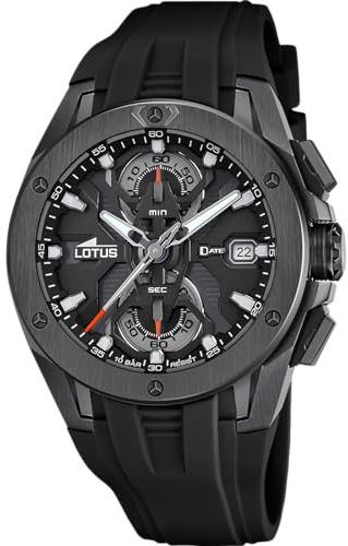 LOTUS Reloj Hombre Analógico de Caucho Negro - Movimiento de Cuarzo - Cronógrafo - Calendario - Cristal Mineral de Alta Resistencia - Resistente al Agua 10 ATM 18943/6 Vortex