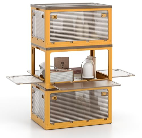 COSTWAY 3er-Pack Aufbewahrungsbox faltbar, 98L x 3 Stapelboxen Aufbewahrungsbehälter, Kunststoffbox mit Deckel, Rädern & 5 Türen, Rollboxen für Zuhause, im Büro & beim Camping (Gelb)