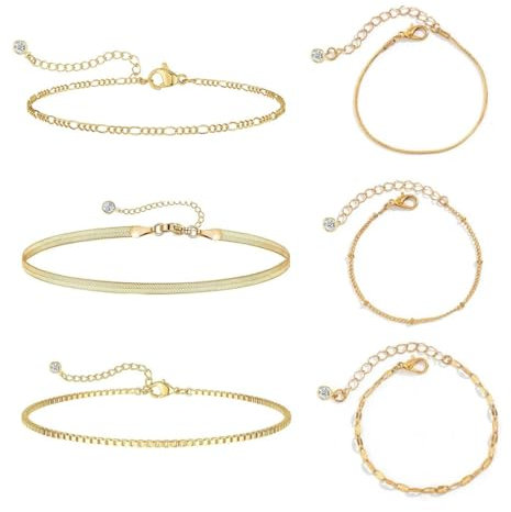 5 Stück goldfarbenes Charm-Armband Set, Edelstahl, Figaro-Design, Goldschmuck für Damen und Mädchen