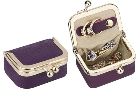 Royal Bagger Genuine Cow Leather Mini Jewelry Box Women's Coin Purse Solid Color Kiss Lock Change Pouch Casual Style Small Storage Bag for Women 1894 (Deep Purple)