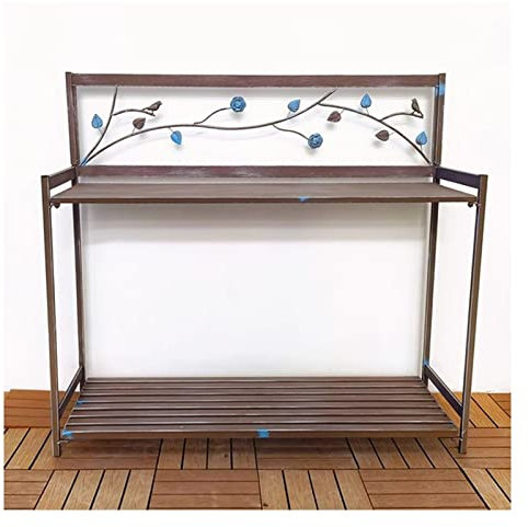 Metall-Blumenbank, für den Außenbereich, Terrasse, Arbeitsplatz, Tisch mit 2 Ebenen, offenem Regal zum Bepflanzen, Braun, 126,5 x 45 x 115,5 cm