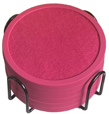 Absorbent Coasters for Drinks with Holder - 6packs, Silicone Coasters with Soft Felt Insert, Pink