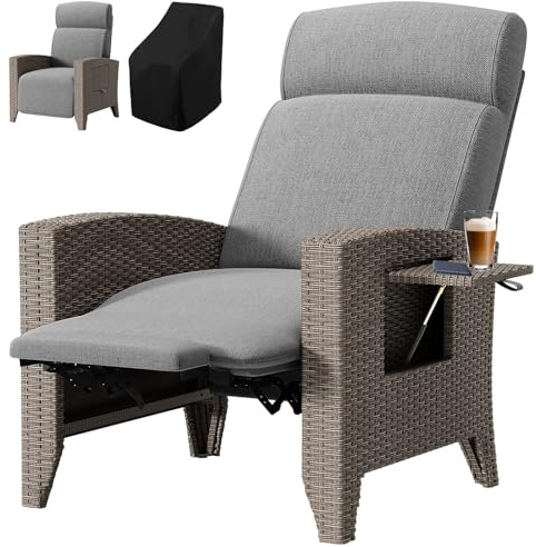 CYHWQ Gartensessel Rattan, Loungesessel Outdoor, Winkel Verstellbar 160°, Integrierter Beistelltisch, Rattansessel mit Abnehmbaren Kissen, Geeignet füR Garten, Pool, Balkon (Braun+Grau, 1pack)