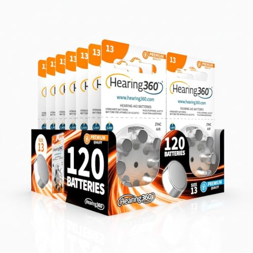 Hearing360 120 piles pour appareils auditifs taille 13, qualité premium, longue durée, compatibles avec tous les modèles, sans mercure (15 blisters de 8 piles)