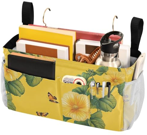 FRODOTGV Cute Begonia Yellow Bedside Storage Basket Hanging Organizer Bags with Pockets for Books Mobile Phones Keys Water Bottle