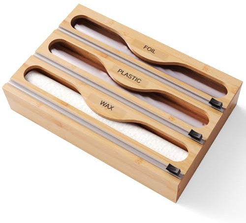 Fibogollo Wrap Dispenser with Cutter and Labels, Plastic Wrap Organizer For Kitchen,Bamboo 3-in-1 Wrap Dispensers for Cling Wrap Aluminum Foil and Wax,Storage Organization Holder（Natural）