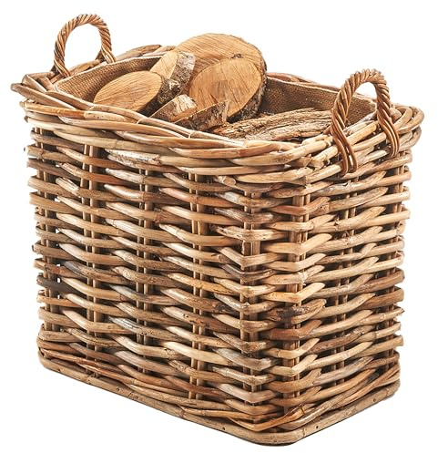 Kobolo Holzkorb aus Rattan mit Jutestoff 63x42x59 cm Braun
