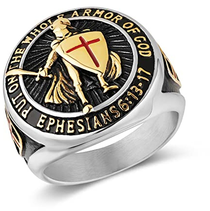HZMAN Tempelritter Ring für Herren Epheser 6:13-17 Rotes Kreuz Design Herren Edelstahl Ring Schmuck Geschenk (Silber Gold,13)