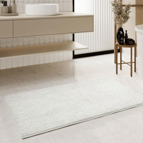 Wecon Home Balu getufteter Badteppich, 50 x 60 cm, weiß | moderner Chenille Badteppich, rutschfest, Waschbar, Saugfähig, Stilvoll für jedes Badezimmer
