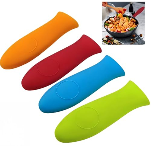 4PCS Silicone Hot Handle Holder,Pan Handle Cover for Metal Frying Pans,Non-Slip Pot Holder Sleeve for Saucepan & Baking Cookware,Washable Silicone Handle Grips Protects Hands (Red+Orange+Green+Blue)