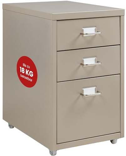 [en.casa] Rollcontainer Kökar Schubladenschrank Metall Aktenschrank mit 3 Schubladen Bürowagen mit Rollen für Arbeitszimmer 48 x 28 x 41 cm Kamelfarben