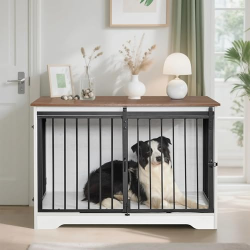 HILINSIE DFC02314B:Dog Cage Furniture - 100 cm Indoor Dog Box with Sliding Doors, Modern Wooden Kennel Dogs, Dual-Access Design, 100×60×68 cm, White & Brown
