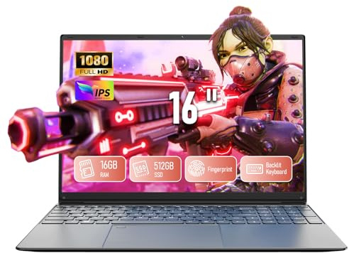 unbholkk Ordinateur Portable 16'', 16Go RAM 512Go SSD 5000mAh Grande Battrie Écran 180° Flip, PC Portable Processeur N95, Laptop Touch ID Clavier numérique USB3.0 HDMI Type C Étudiant Travail