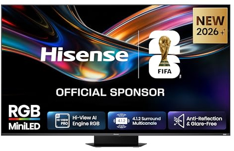 Hisense Smart TV RGB MiniLED 180Hz 85 4K 85UR9S | Schermo Anti-Riflesso, Dolby Atmos 4.1.2 By Devialet, Dolby Vision IQ, IMAX, VIDAA OS, USB-C,Wifi 6, BT, Airplay2, 2026 Model
