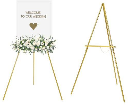 MEEDEN Cavalletto in legno per display: treppiede in legno dorato per poster e immagini, decorazione per matrimoni, cartello di benvenuto