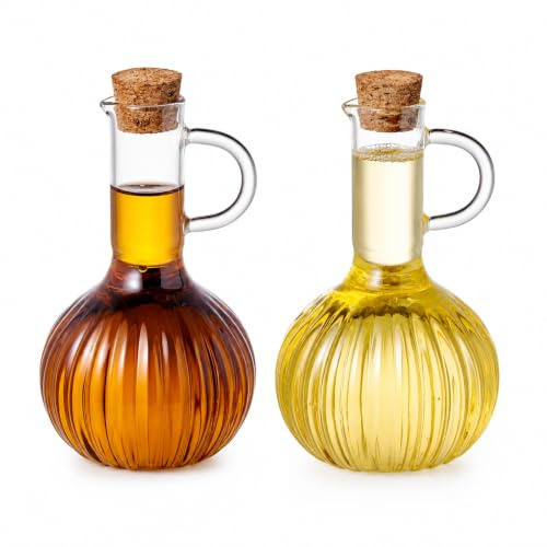 Eden & Willow 2 Pcs Olive Oil Dispenser Cruet Bottle Set 350ml, Borosilicate Glass Salad Dressing & Vinegar Pots, Ribbed Glass Sauce Bottles with Cork Stopper for Dressings, Syrups and Sauces