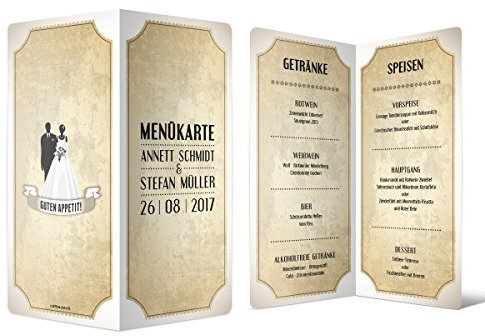 Personalisierte Menükarten Hochzeit (10 Stück, Menge wählbar) - Vintage Brautpaar - Eigener Text, Speisekarte Getränkekarte in Weiß, Klappkarten, Kartonpapier 300g/qm
