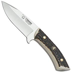 Cudeman Cuchillo 133-C hoja de acero inoxidable ACX-380 de 9 cm empuñadura de asta ciervo de 12,5 cm para caza, pesca, supervivencia y bushcraft + Portabotellas regalo