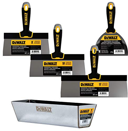 DEWALT Stainless Steel Taping Knife & Mud Pan Set | 8,10,12 Inch Taping Knives, 14 Inch Mud Pan, BONUS 6 Soft Grip Putty Knife | Soft Grip Handles | Sheetrock Gyprock Plasterboard | DXTT-3-174