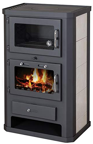 EEK A - Estufa de leña con bandeja para horno y placa vitrocerámica, azulejos Victoria Comfort KF – 10 kW