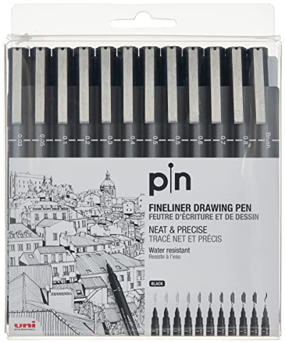 UNI PIN FINELINER DRAWING PEN SET 12 BLACK