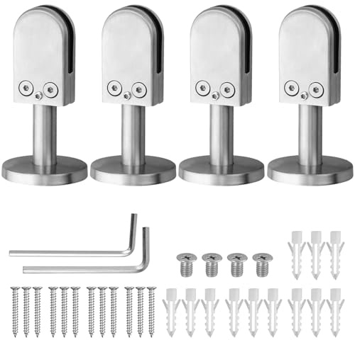 Proster 4 PCS Pince à Verre Taille L (10-11 mm) en Acier Inoxydable – Support Verre Antirouille avec 12 Vis de Fixation, Montage Mural ou au Sol pour Balustrade, Garde-Corps, Escalier et Main Courante | Base Incurvée, Finition Brossée, Visserie Incluse, pour Balustrade, Garde-Corps, Escalier et Main Courante