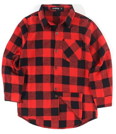 Spring&Gege Camisa casual de franela con botones de manga larga para niños de 5 a 14 años, Negro Rojo, 11-12 Años